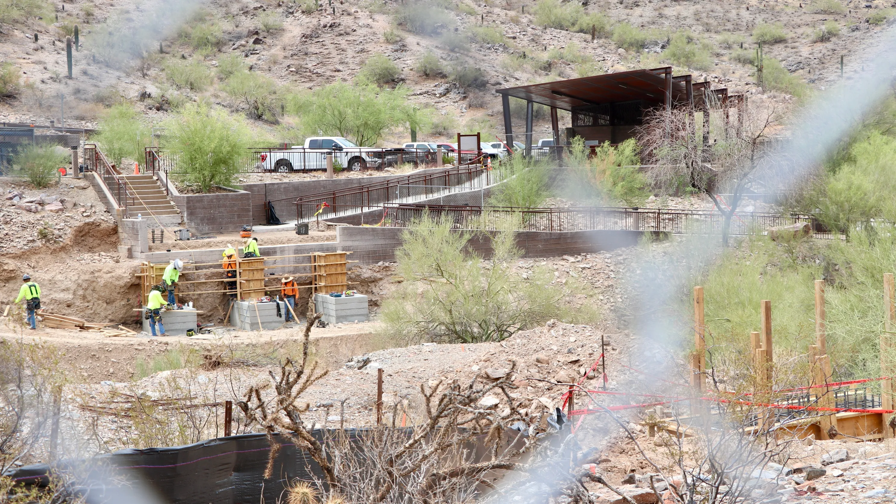 Footbridge construction underway at the Ocotillo Trailhead