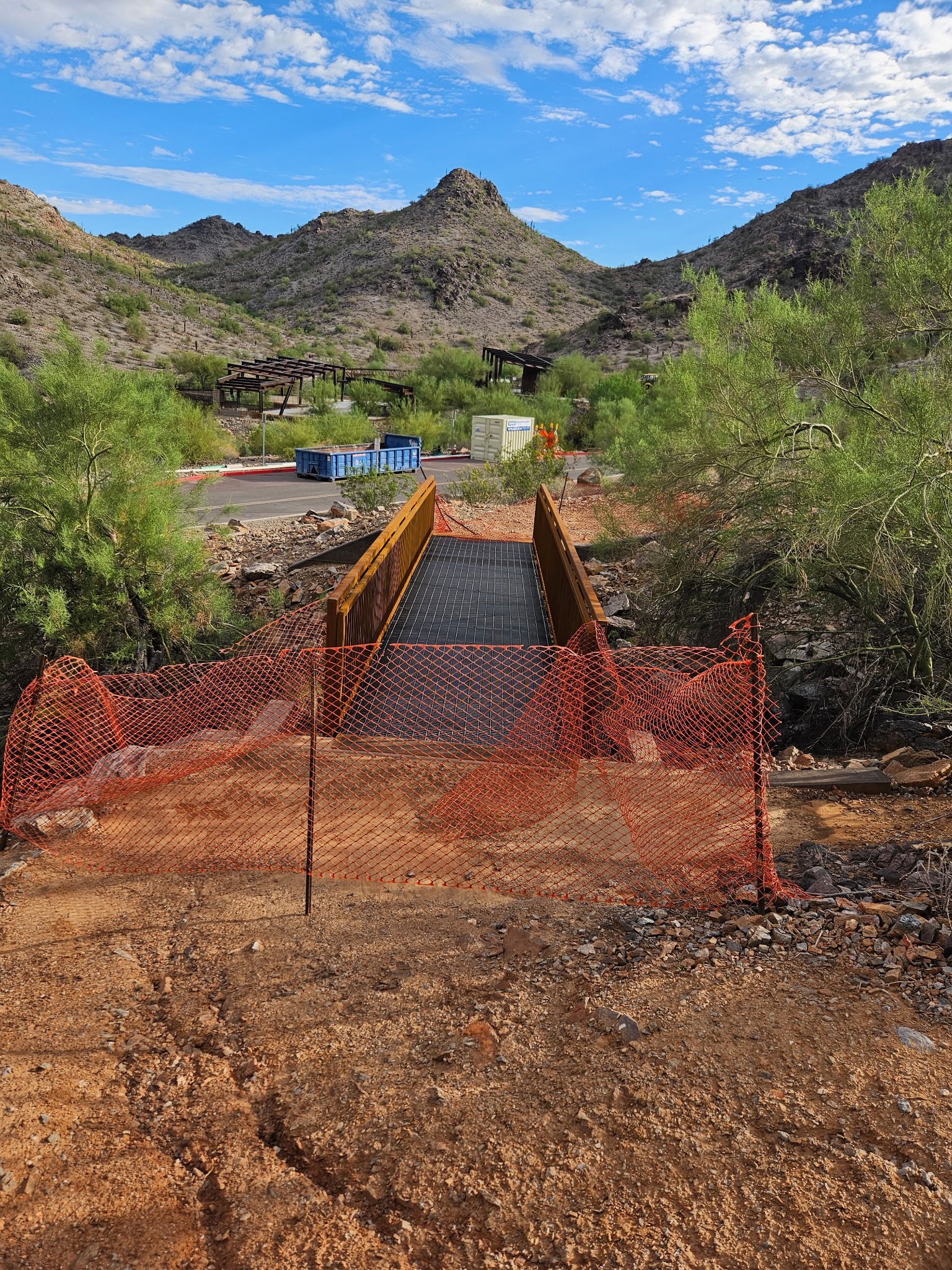 Steel-and-concrete footbridge constructed without permit at the Ocotillo Trailhead in the Phoenix Mountains Preserve