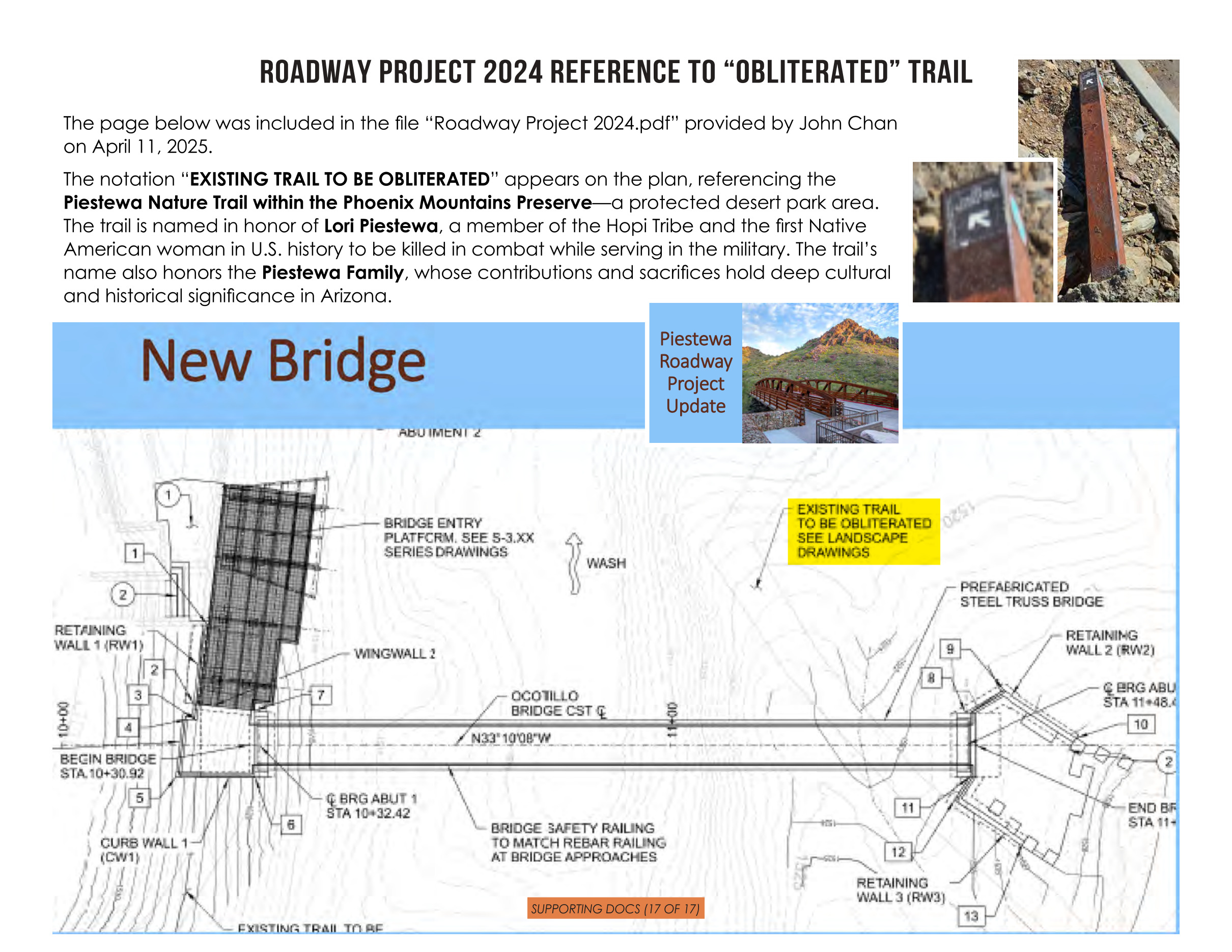 City of Phoenix engineering drawing of the new bridge with the notation 'EXISTING TRAIL TO BE OBLITERATED' pointing at the Piestewa Nature Trail
